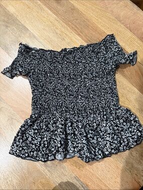 Japna Black and White Floral Smocked Off-Shoulder Peplum Top